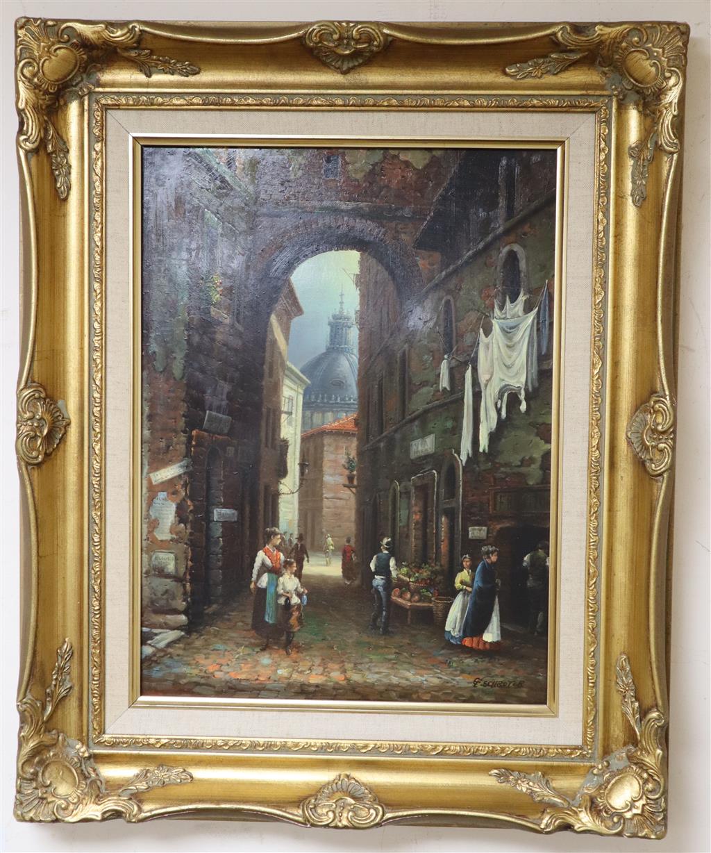 Schroter, 19th century street scene, indistinctly signed, oil on panel, 40 x 30cm